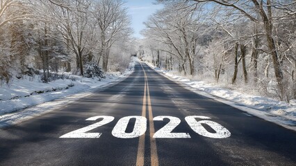Empty winter road with 2026 text and snowy trees
