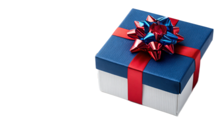 Elegant blue gift box with red ribbon and vibrant bow against a clean black background, perfect for celebrations and holidays