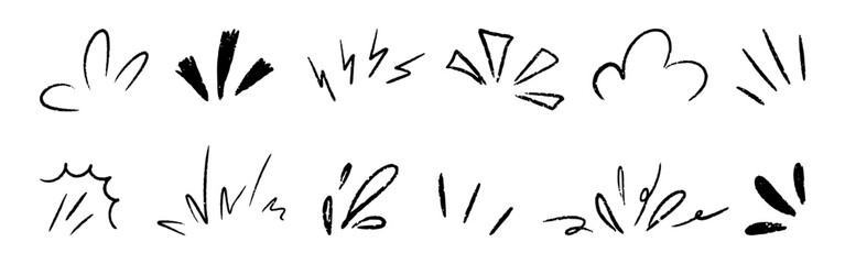 Comic explosion twinkle . Hand drawn doodle burst manga effect with line, and sparkle rays shine. Crayon expressive starburst, surprise element and chalk sun highlight for design. Vector illustration