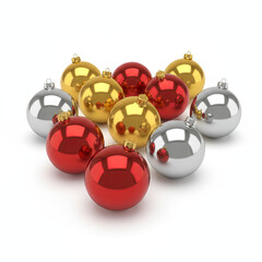 A 3D icon set of glossy Christmas ornaments in red, gold, and silver tones with metallic reflections and premium lighting, Ai Generate.