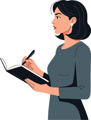 Professional young woman writing in a black notebook with a pen.