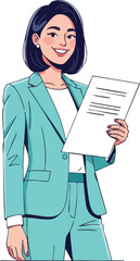 Professional woman in a blue suit holding a document and smiling.
