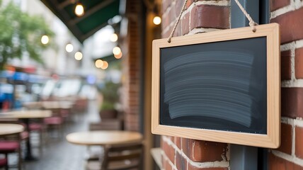 Chalkboard hanging on brick wall near outdoor seating
