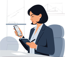 Businesswoman multitasking with phone and notepad in office setting.