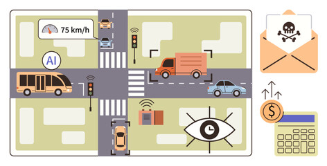 Autonomous cars, buses, and monitoring with AI control at an intersection. Visible risks include cyberattacks, financial security, and privacy concerns. Ideal for technology, safety, cybersecurity
