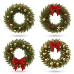 A 3D icon set of realistic Christmas wreaths decorated with red ribbons and ornaments, perfect for elegant seasonal designs, Ai Generate.