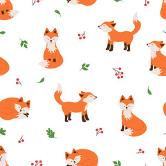 Seamless pattern of cute cartoon foxes. Vector illustration of cartoon animals. Background for kids wear, nursery