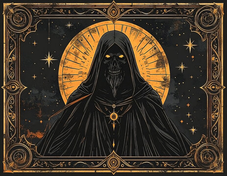 Grim reaper-like figure in dark hooded cloak against a cosmic background, ornate frame
