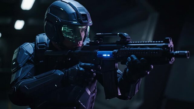 A woman in a futuristic combat suit holding a rifle, aiming with digital heads-up display. Sci-fi soldier in dark environment, video footage.