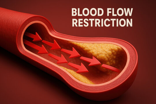 Blood flow restriction caused by plaque buildup inside artery reduces blood circulation and can lead to serious cardiovascular problems and health risks