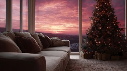 Fototapeta premium A cozy living room with a decorated Christmas tree and gifts overlooking a vibrant sunrise or sunset through large