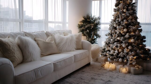 A cozy elegantly decorated living room with a Christmas tree gifts and soft lighting creating a festive holiday ambiance