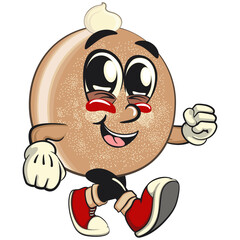 cute sugar donut bun mascot cartoon character vector illustration walking, sweet bakery dessert food icon isolated, work of hand drawn