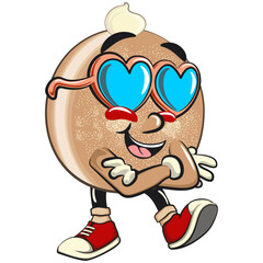 cute sugar donut bun mascot cartoon character vector illustration wearing heart shaped beach sunglasses, sweet bakery dessert food icon isolated, work of hand drawn