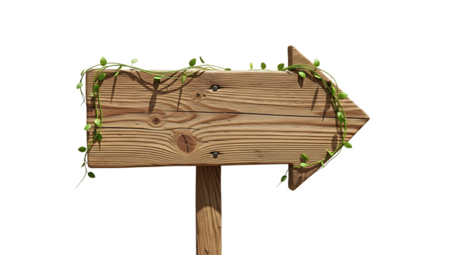 Wooden signpost with green vines, transparent background, direction arrow for navigation and travel - Powered by Adobe