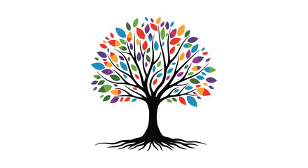 Vibrant tree of life with colorful abstract leaves and detailed roots symbolizing growth and connection silhouette