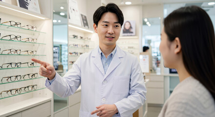 Obraz premium An optician providing customer consultation at an optical shop.