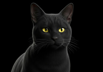 A 3D realistic black cat with glowing yellow eyes, perfect for mystical, magical, and Halloween-themed designs, Ai Generate.