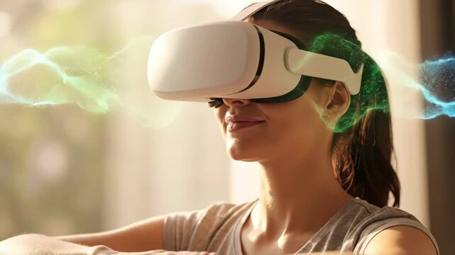 Woman experiencing metaverse with vr headset. Immersive digital world perception visualization for entertainment. Innovative technology footage.