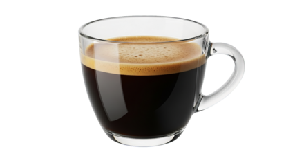 A clear glass mug presents dark aromatic coffee, with a foamy crema, set against a transparent background.