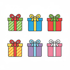 A bright flat design icon set of wrapped Christmas gifts with ribbons and bows, perfect for holiday graphics, templates, and cards, Ai Generate.