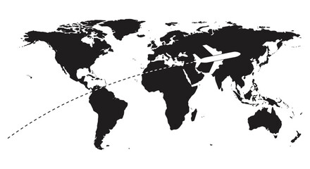 Global travel and aviation industry connected across continents with airplane routes and world map silhouettes silhouette