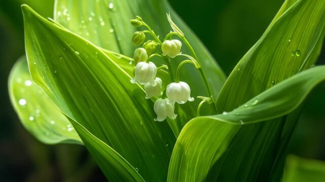 Close-up view of lily of the valley with water drops on leaves in vibrant green sunlight