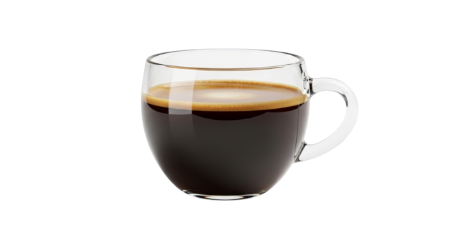 A clear glass mug filled with dark coffee sits against a pure white background creating contrast