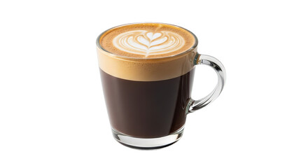Elegant glass mug filled with rich dark coffee adorned with latte art on a clean black backdrop.