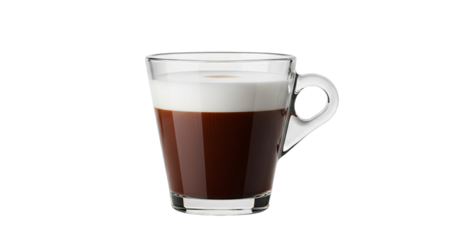 A clear glass mug filled with dark coffee and a layer of creamy white foam against black background.