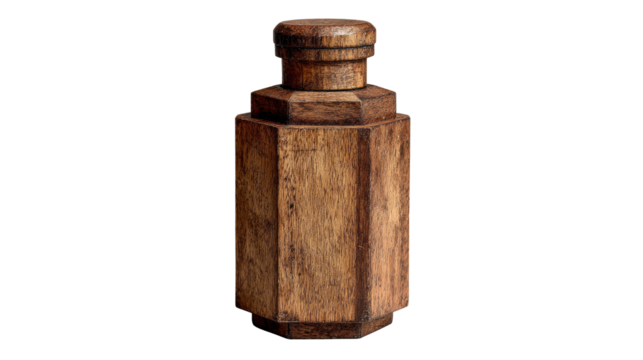 Wooden, octagonal bottle with a wooden cap