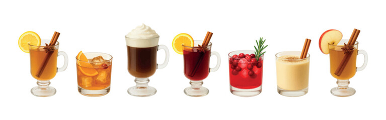 Winter hot drinks set - hot toddy, mulled wine, apple cider, eggnog, irish coffee, cranberry punch and bourbon cocktails. Vectors isolated on white background.