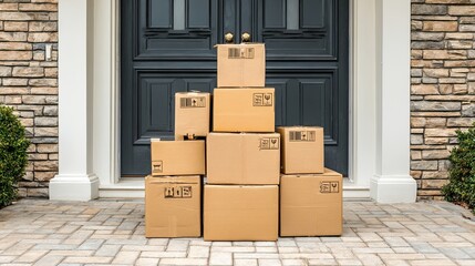 Cardboard parcel boxes stacked in front of residential house entrance with green doors and plants