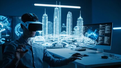 Man wearing virtual reality headset interacts with holographic city model, architect working on smart urban planning footage. - Powered by Adobe