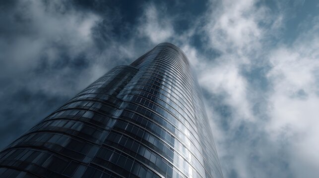 Modern skyscraper with a curved glass facade against a dramatic cloudy sky viewed from a low angle