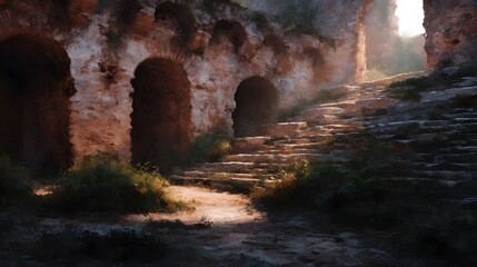 Ancient stone ruins with arched doorways and a sunlit stone staircase evoking a warm rustic and ic atmosphere