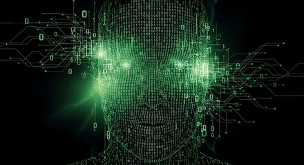 Digital human face concept with binary code lines and glowing eyes