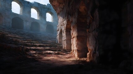 Atmospheric view of ancient stone ruins with arched openings and worn steps bathed in dramatic light