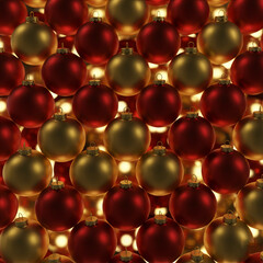 A cinematic seamless background featuring red and gold Christmas ornaments with soft glowing light and elegant depth, Ai Generate.