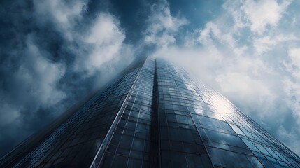 A modern glass skyscraper ascends into dramatic cloudy skies