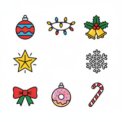 A colorful flat design set of Christmas ornaments, garlands, and stars, ideal for festive posters, cards, and digital designs, Ai Generate.