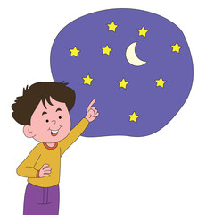 Little Boy Pointing at Moon and Stars
