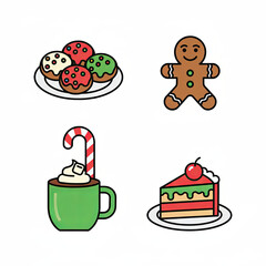 A colorful flat icon set featuring Christmas treats like cookies, candy canes, and hot chocolate, perfect for festive projects and cards, Ai Generate.