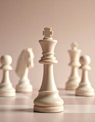 Chess pieces, King prominent on a checkered board. Soft lighting