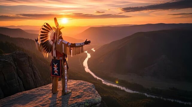 native american chief in traditional regalia stands on mountain cliff at sunrise. spiritual and majestic scene overlooking river valley. cultural heritage.