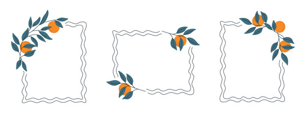 Set of rectangular wavy orange branch frames for greeting cards, invitations, and summer design. © Panna_Limon
