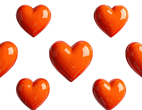 Eight glossy orange hearts arranged on a black background, creating a repeating pattern