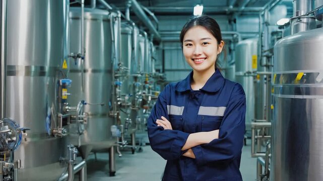 portrait of confident female worker in modern factory, crossed arms, smiling, industrial background with pipes and tanks