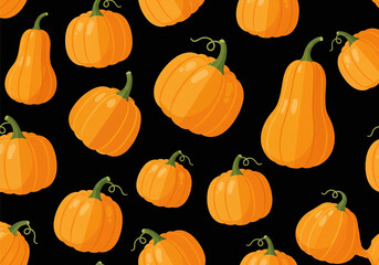 A colorful flat design seamless pattern of cute orange pumpkins, perfect for Halloween backgrounds, packaging, and party graphics, Ai Generate.