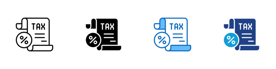 Tax Document Multiple Style Icon Design Vector - Paper scroll with percentage and the word TAX, representing financial report, income tax, and accounting